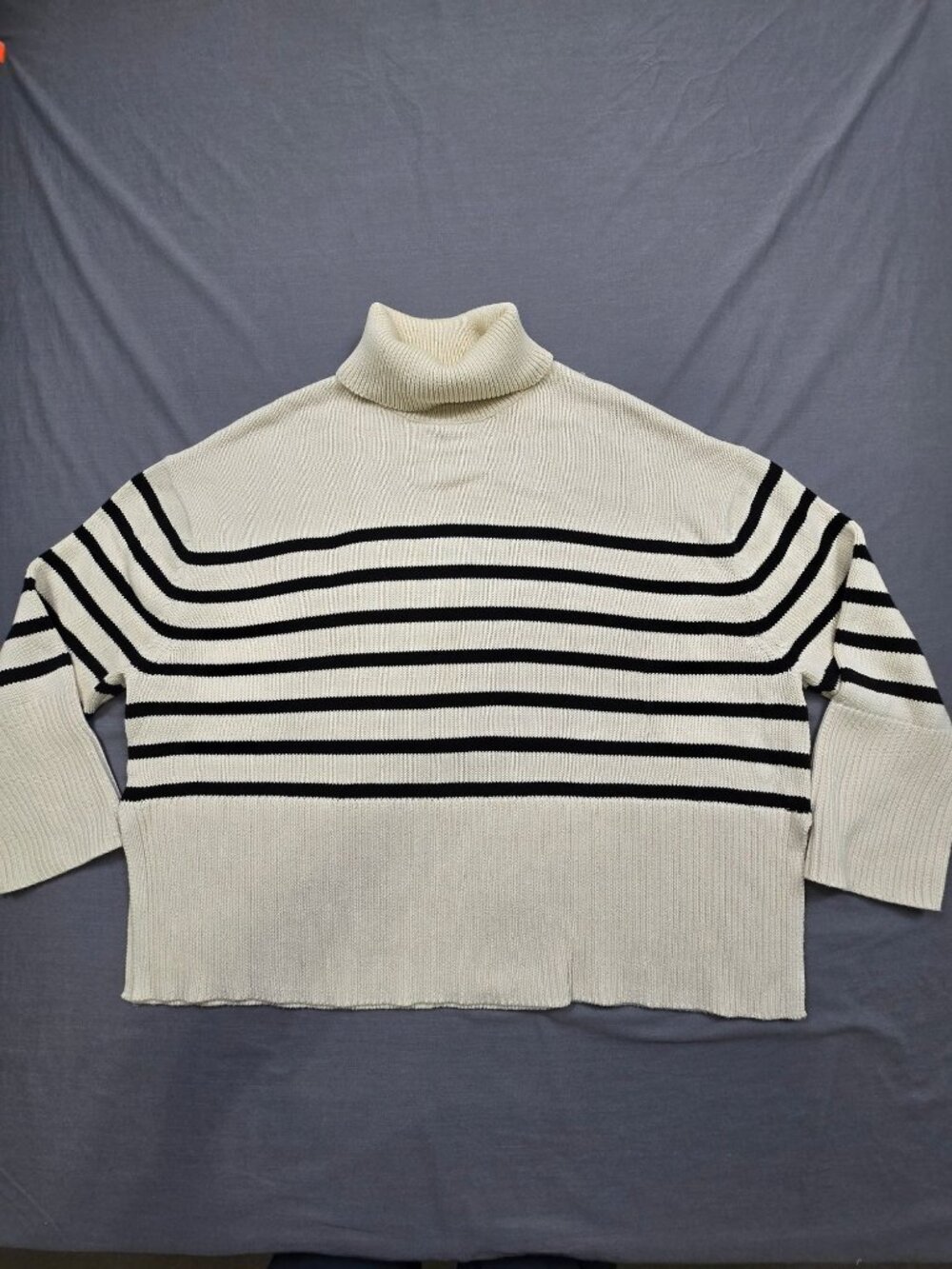 Gap Large Tall Boxy Oversized Turtleneck Sweater Ivory & Black Striped Cotton